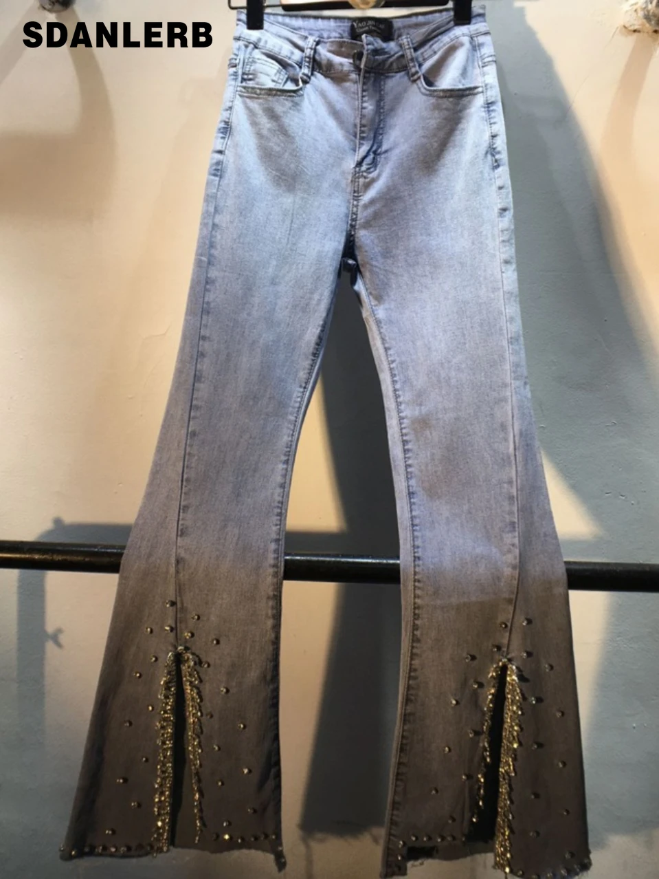 

European Station 2022 Spring/Summer New Denim Flare Pants Exquisite Rhinestone Beaded High Waist Slimming Slit Skinny Jeans