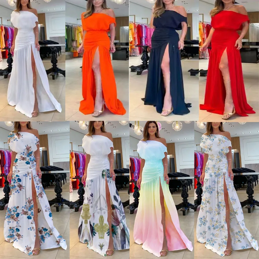 

Women Flower Print Party Dress 2023 Summer Women's Long slit Off Shoulder Dress Casusal Femme Vestidos