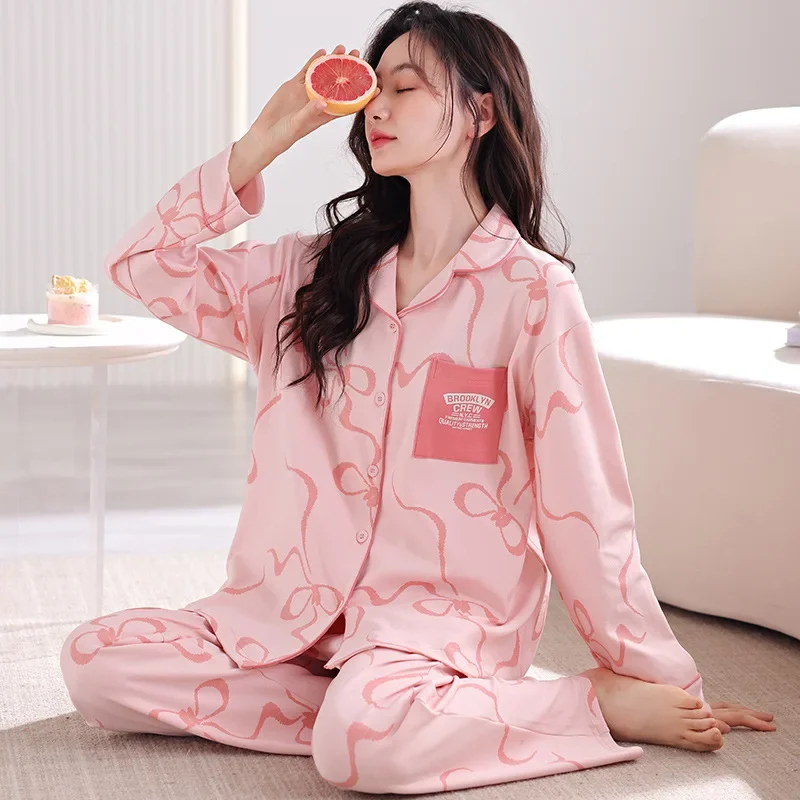 Женская осенне-зимняя вязаная хлопковая одежда для сна с длинными рукавами