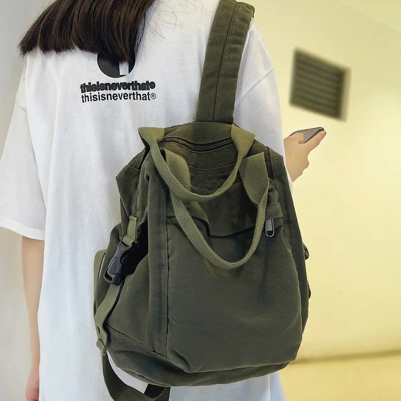 WR-mochila de lona verde para mujer, bolso de estudiante escolar, portátil, de...