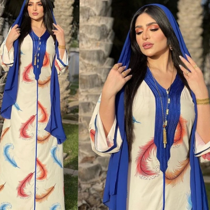 

Wepbel Middle East Abaya Muslim Women's Dress Feather Print Dress Islamic Clothing Dubai Robe Southeast Asia Arab Dress Kaftan