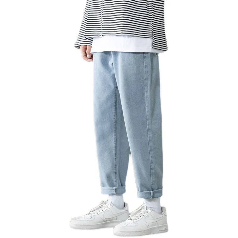 EOENKKY/2022 New Spring Men's Straight Jeans Light Blue Washed Cotton Ripped Solid Color Wide-leg Denim Nine-point Pants