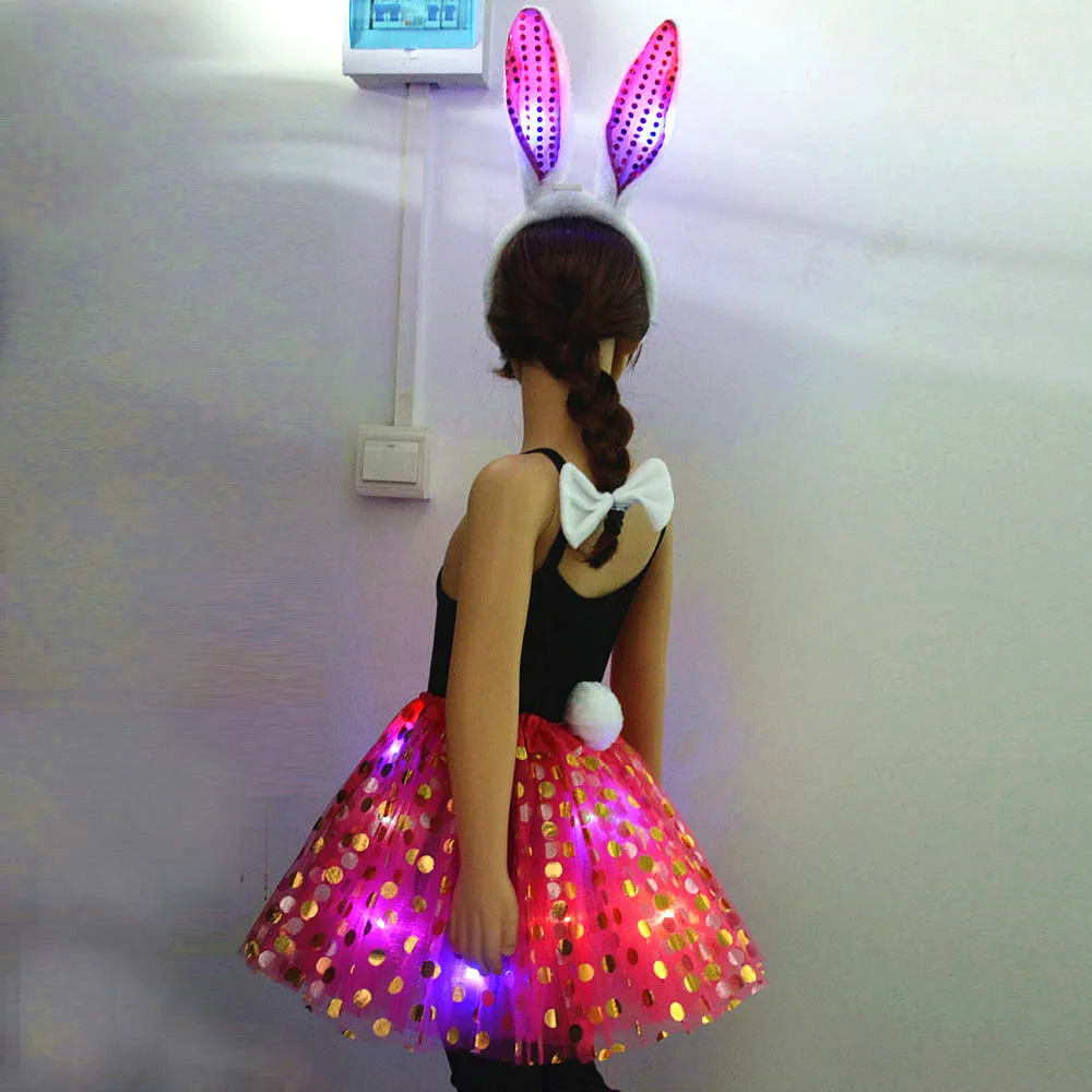 

Teens Girl Glow Bunny Rabbit Costume LED Light Up Polka Dots Tutu Skirt Ear Headbands Tail Bow Birthday Party Wedding Christmas