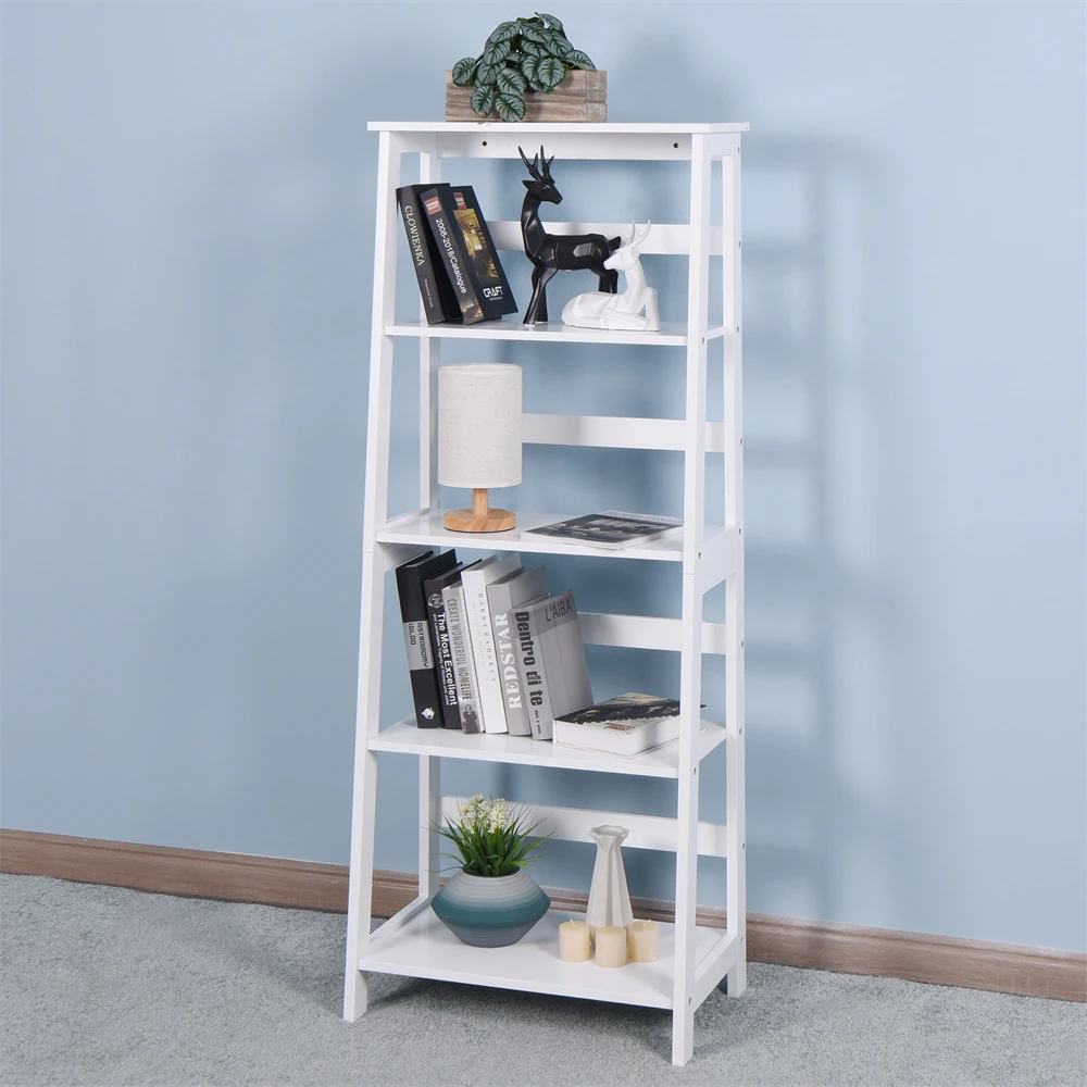

Modern 5-Tier Ladder Wooden Shelf Organizer White Bookshelf