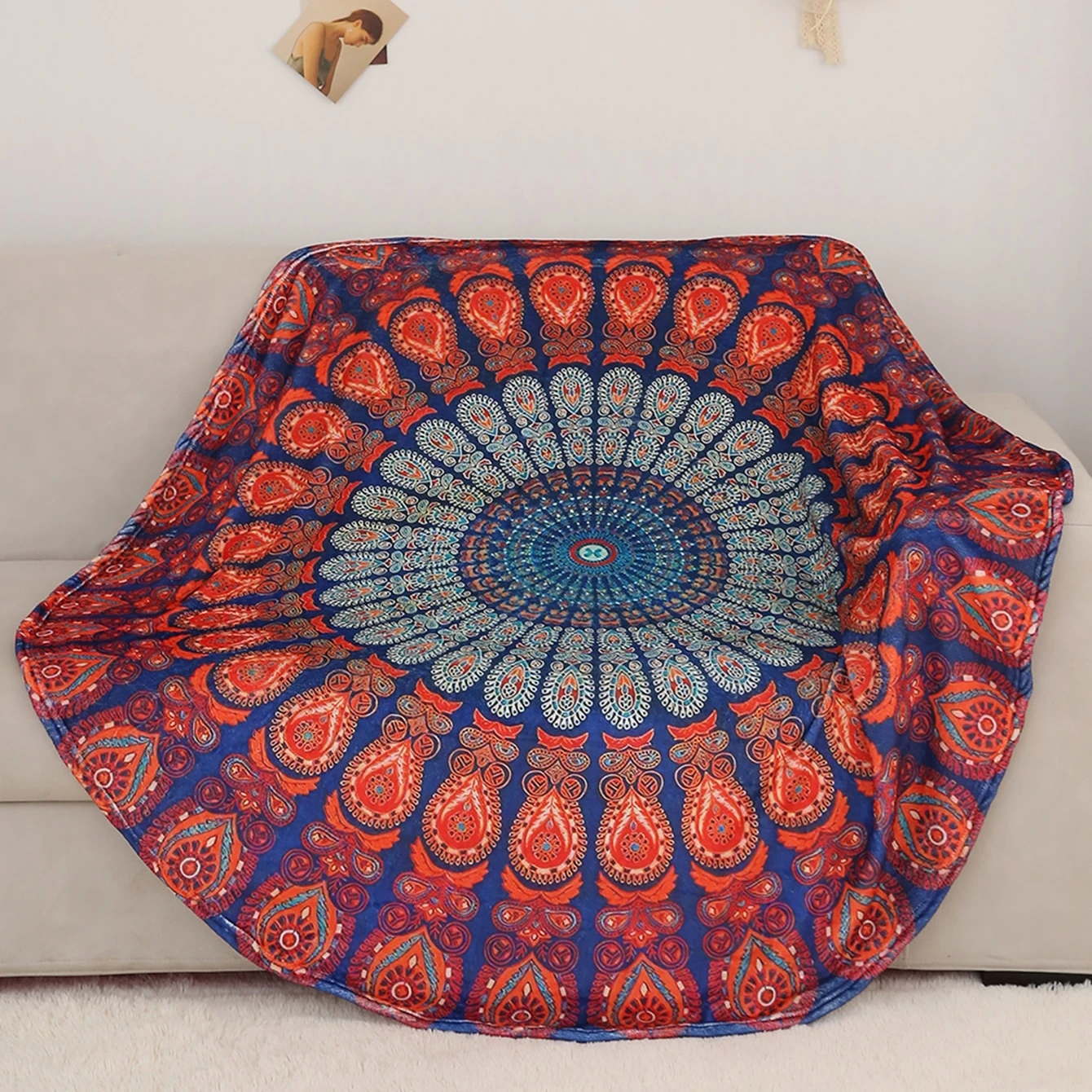 Mandala Pattern Round Blanket, Geometry Metatron Cube Powerful Symbol Travel Circular Lightweight Sofa Bed Cover Throw Blankets