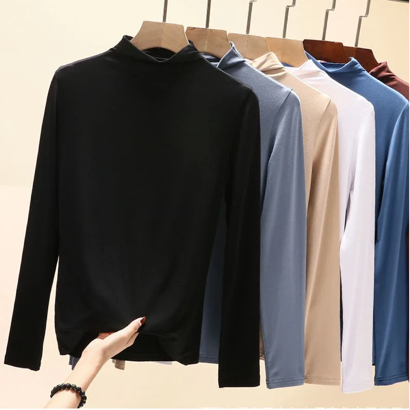 

Women's Soild Middle Neck T-shirt Korean Fashion Women Blouses Slim Fit Pullovers Tees Shirts Long Sleeve Top