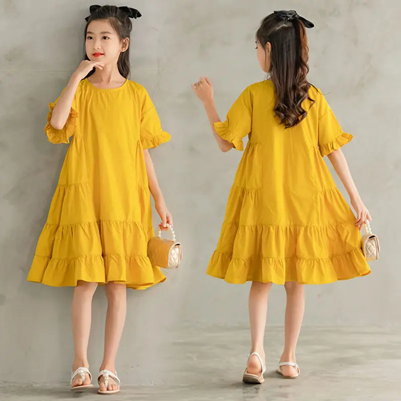 

Baby Girls Summer 2022 New Short Sleeves Loose Casual Long Dresses Children's Clothing O-neck Lovely Birthday Solid Dress P11