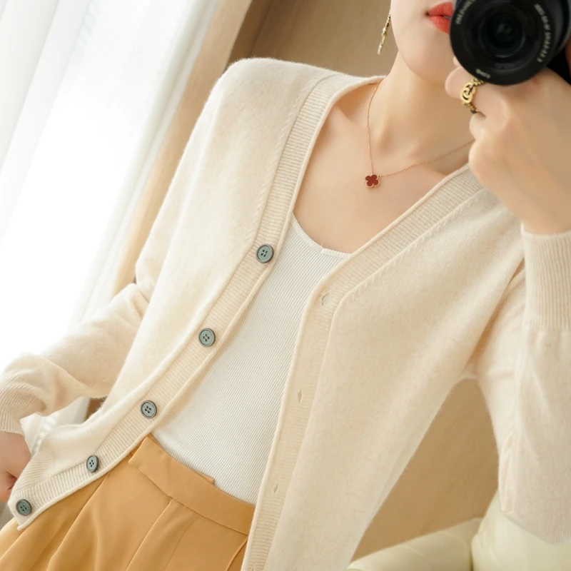

Spring And Autumn New V-Neck Knitted Rolled Cardigan Ladies Fashion Temperament Versatile Long Sleeve Solid Color Sweater Top