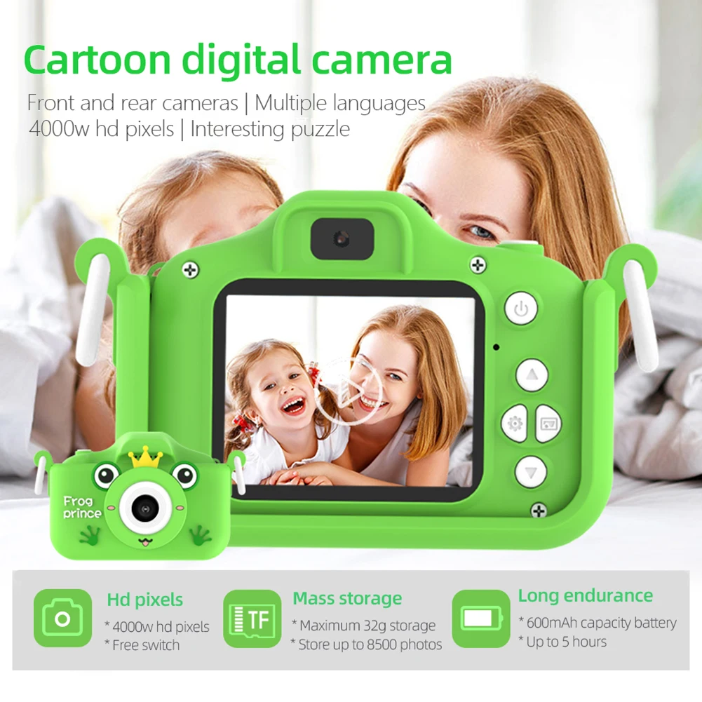 

2 Inch IPS Screen Mini Digital Camera Birthday Gift Cartoon Frog Children Camera USB Charging Kids Video Camera with Card Reader