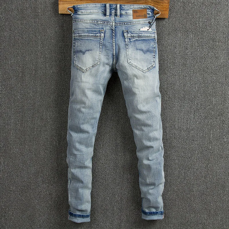 Korean Fashion Men Jeans Retro Light Blue Elastic Slim Fit Ripped Jeans Men Trousers Patch Designer Vintage Denim Pants Hombre