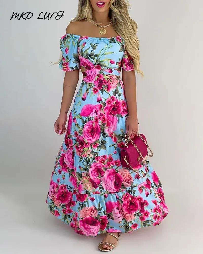 

Платье-макси с открытыми плечами и цветочным принтом