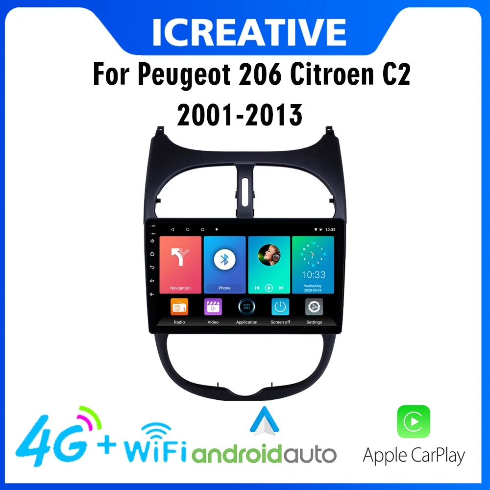 

CarPlay Автомагнитола Магнитола Мультимедиа автомобиля для Peugeot 206 Citroen C2 2001 -2013, 2 Din, 4G, Android, автомобильный мультимедийный плеер с GPS-навигацией, ...