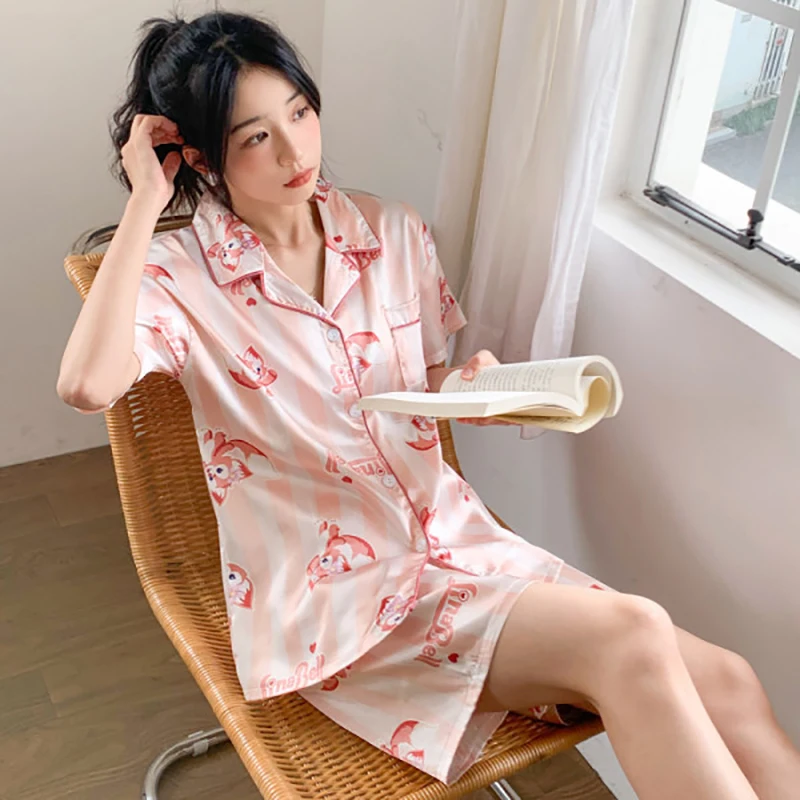Simulation Silk Ice Silk Pajamas Female Summer Short Sleeve Shorts Loose Home Clothes Cartoon Suit Can Be Worn Outside