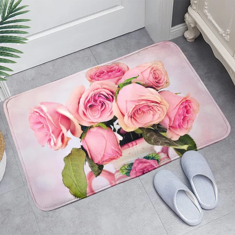 

Pink Rose Doormat Floor/Bath/Kitchen/Beach Mat Flannel Sponge Fabric 3D Printed Shaggy Custom Decoration For Bedroom