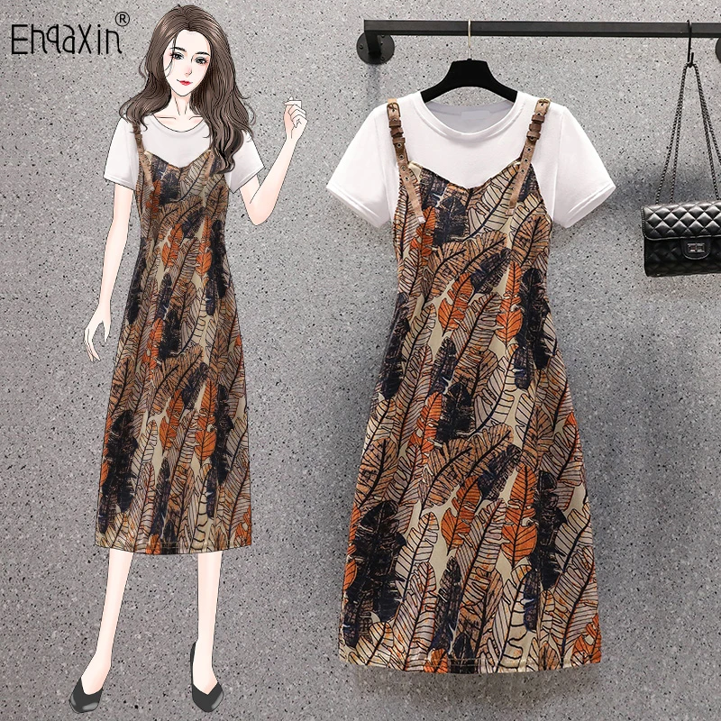 

EHQAXIN New Ladies Dress Fashion 2023 Korean Casual Print Strap Panel Loose Short Sleeve Pullover Dresses For Ladies L-5XL