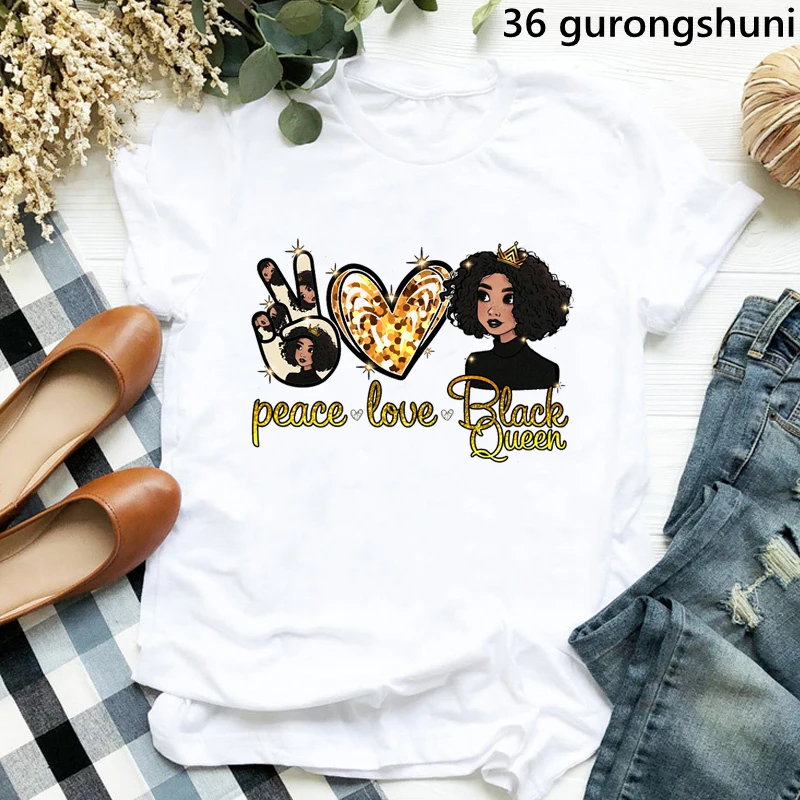 

Peace Love Black Queen Graphic Print Tshirt Women'S Clothing Funny Melanin Poppin T Shirt Femme Summer Short Sleeve T-Shirt