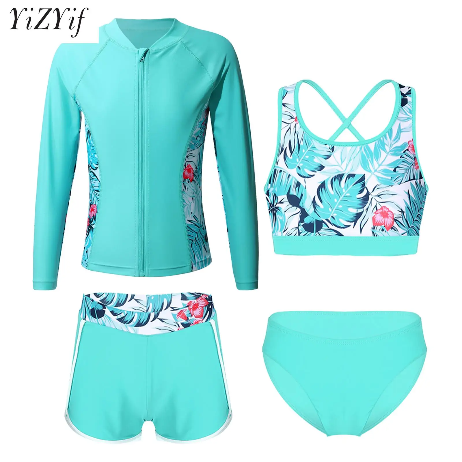 

Kids Girls Hawaiian Print Sun Protection Bathing Suit 4Pcs Long Sleeve Zipper Coat Shorts Vest Briefs Rash Guard Swimwear Set
