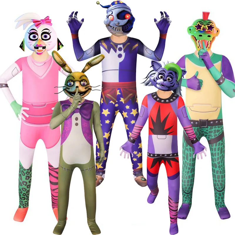 Halloween Costumes for Kids Anime Sundrop FNAF Sun clown Cosplay Clothing Boys Girls Bodysuit With mask Carnival Party Jumpsuit