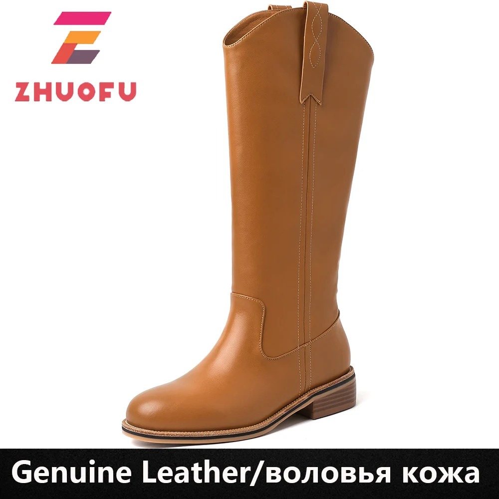 

Женские сапоги до колена ZHUOFU, осенне-зимние праздничные длинные сапоги из натуральной кожи на толстом каблуке, модная брендовая дизайнерск...