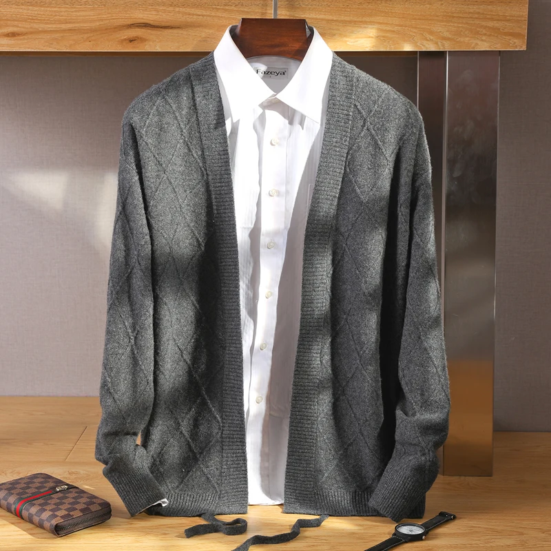 100%  Wool Cardigan Men's V-Neck Knitted Top Coat Autumn and Winter New Loose Cashmere Jacket Fashion Luxury