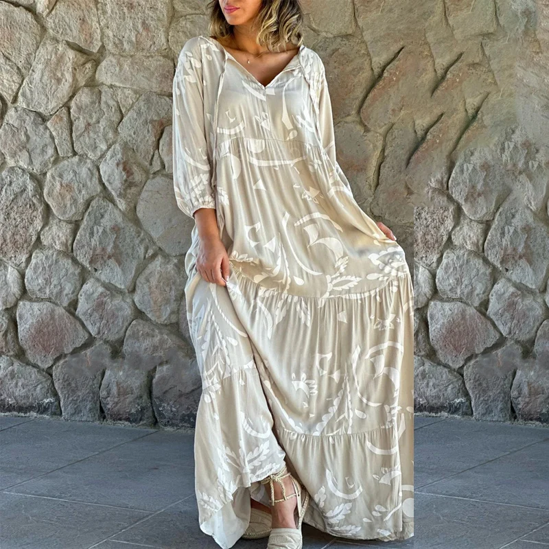 

Женское Повседневное платье-пуловер с принтом, элегантное Плиссированное Платье из искусственной кожи на шнуровке с V-образным вырезом, Осеннее праздничное пляжное свободное платье с рукавом 3/4