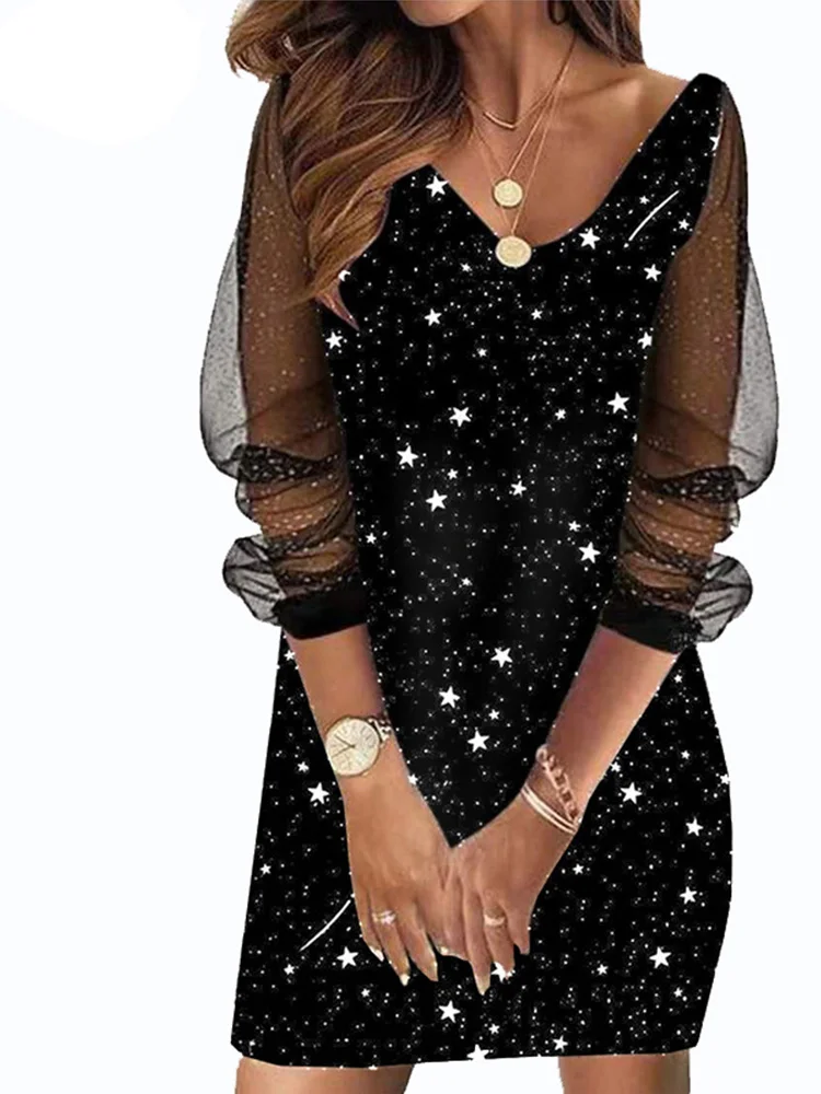 

2023 Woman Clothes Summer Elegant Sexy Party Dress Ladies Printing Gowns Sheer Mesh Patchwork Mini Bodycon Dresses Festival Clot