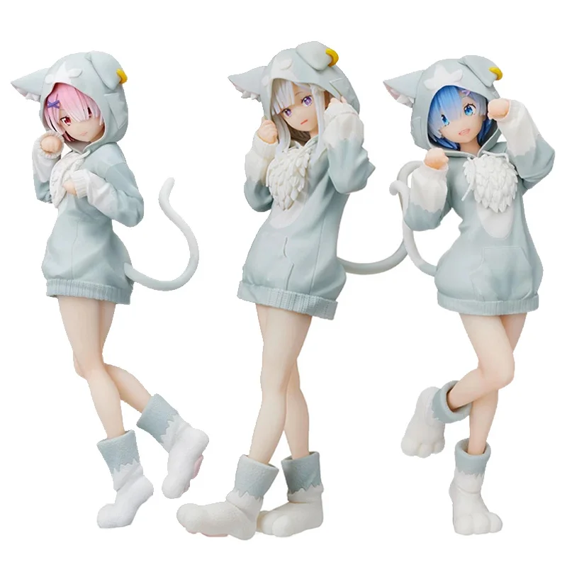 

18CM Anime Rem Figure Emilia Cat RE: Zero Starting Life in Another World Figure White Ram Static Model PVC Toys Gift Doll