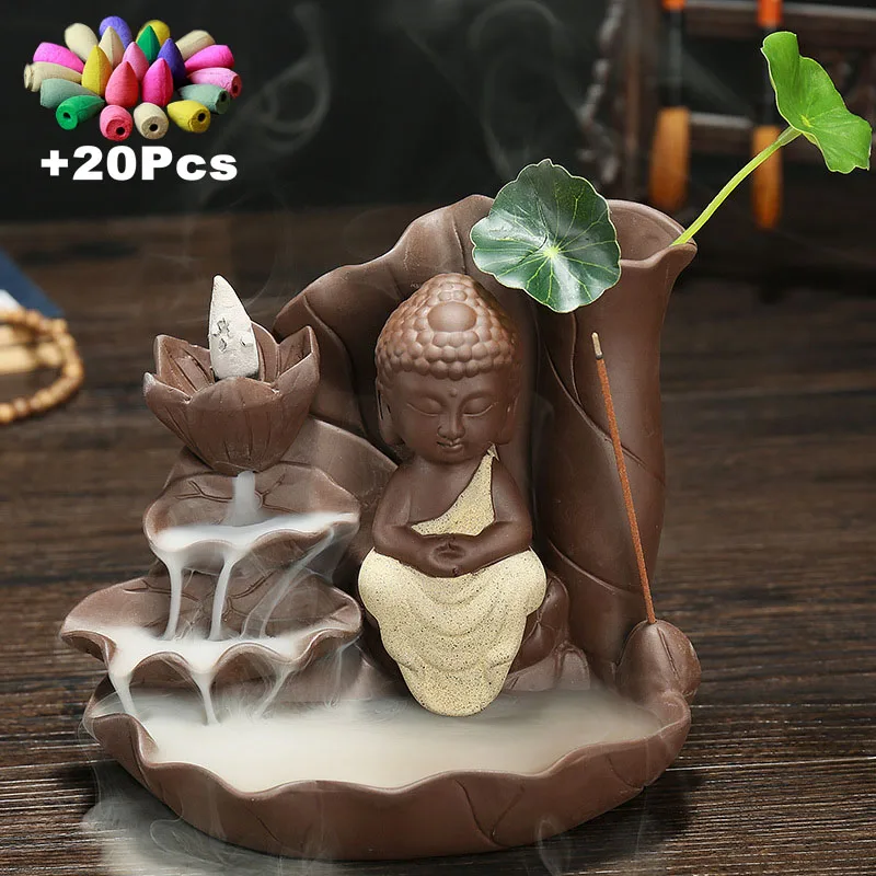 

With 20Pcs Cones Purple Sand Handicraft Lotus Buddha Backflow Incense Burner Incense Stick Holder Buddha Ceramic Censer Tea Pet