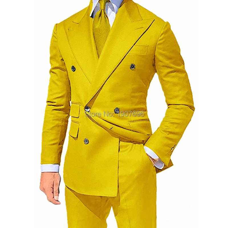 Yellow Double Breasted Slim Fit Suits for Men Peaked Lapel Custom 2 Piece Wedding Groom Tuxedos Male Fashion Jacket with Pants