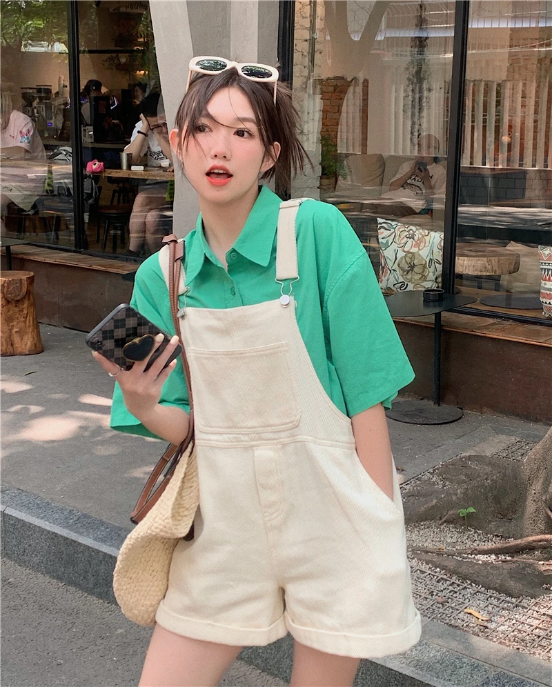 

Beige Overalls Short Jeans 2023 Summer Women Preppy Style Age-Reducing Casual All-Match Denim Rompers Shorts