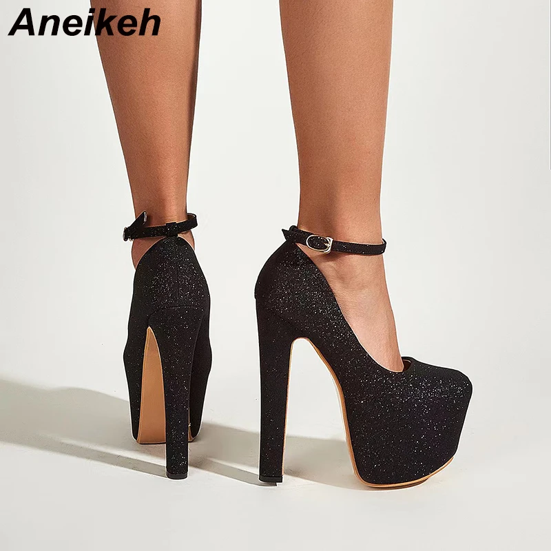 

Aneikeh 2024 Fashion Sexy Wedding Platform Height Pumps Thin High Heel Ankle Buckle Strap Party Shoes 35-41 Apricot Black