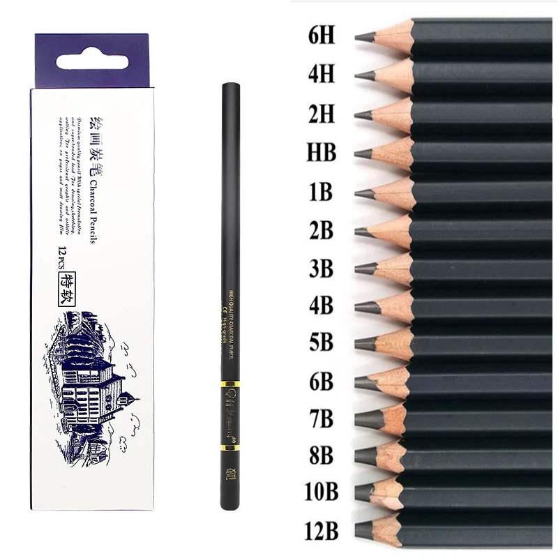 

12pcs/set of Professional Wooden Sketching Pencil Charcoal Soft and Hard 2B 4B 6B 8B 10B 12B 14B Art Hand Drawing Stationery