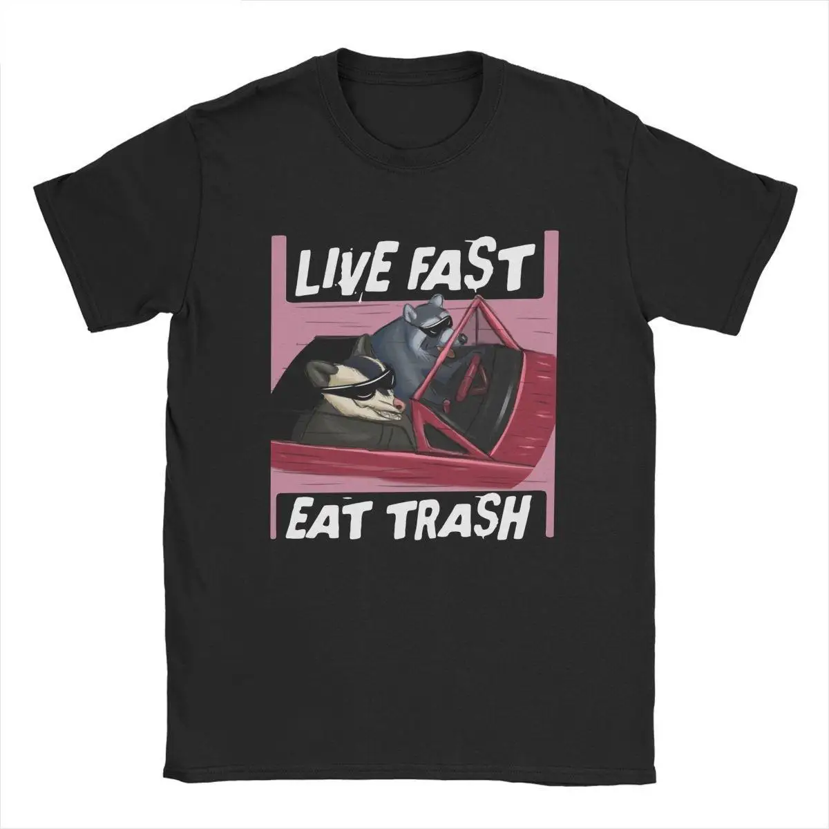 Casual Racoon Opossum Live Fast Eat Trash T-Shirts for Men Crew Neck 100% Cotton T Shirts Short Sleeve Tees Plus Size Tops