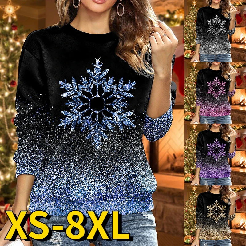 Snowflakes Printing Long Sleeve Fashion Tops Women Elegant Pullover Tee Shirt Winter Autumn Female Round Neck Christmas T-shirt