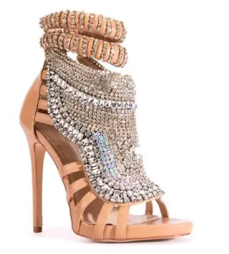 

Luxury Apricot Black Bling Crystal Rhinestone Peep Toe Summer Sandals Women Gladiator Cuts Out Thin Heel Zipper Back Dress Shoes
