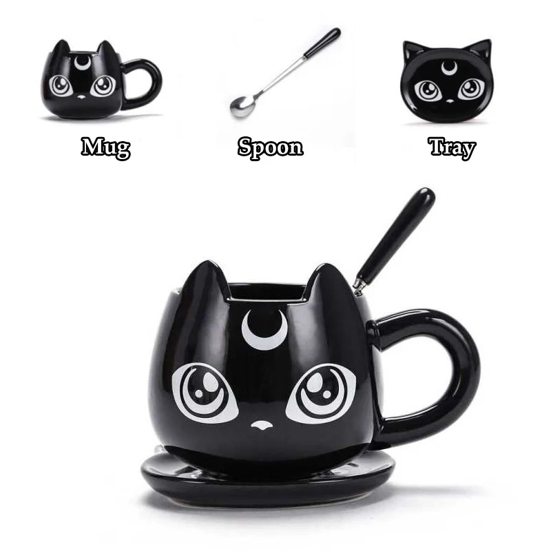 

Creative Black Cat Ceramics Mugs Kids Breakfast Milk Cartoon Cups Office Afternoon Tea Coffee Mug With Tray
