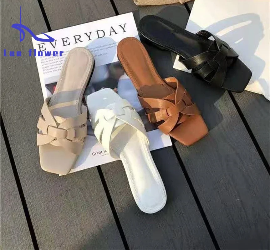 

Fashion Weave Soft Slippers for Women 2022 Summer Square Toe Flat Sandals Woman Non-slip Slippers Beach Flip Flops 35-43 T