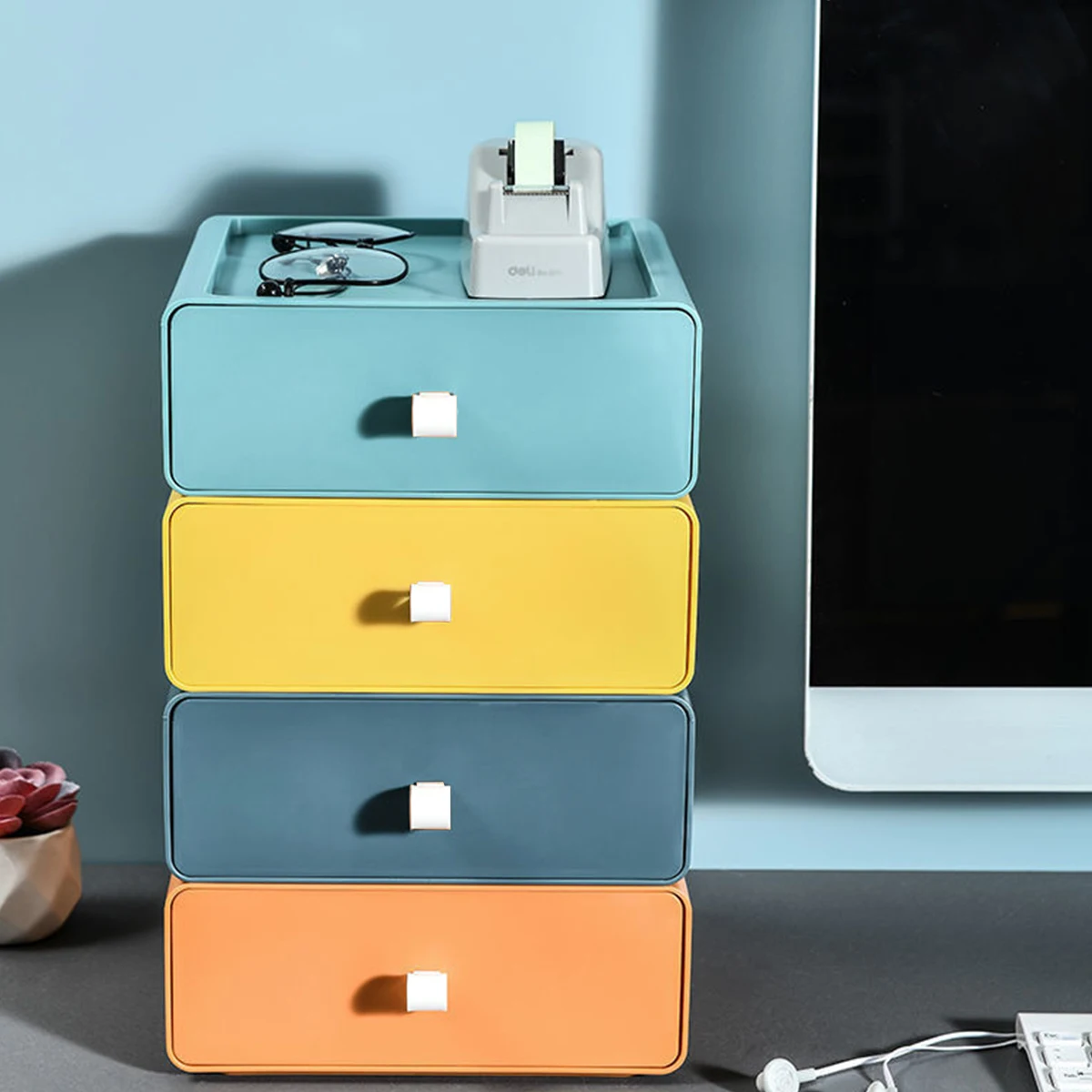 

Desktop Drawer Storage Box Stackable Desk Storage Drawers with Handle Large Capacity Macaron Desktop Organizer Box Reusable