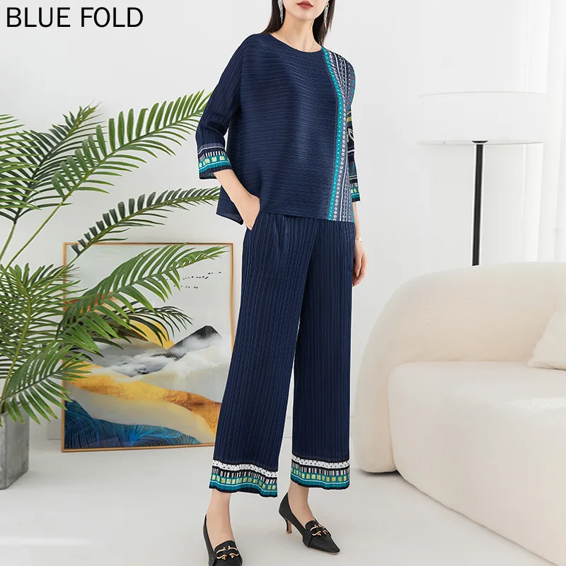 Плиссированный Модный повседневный комплект с принтом для женщин пуловер