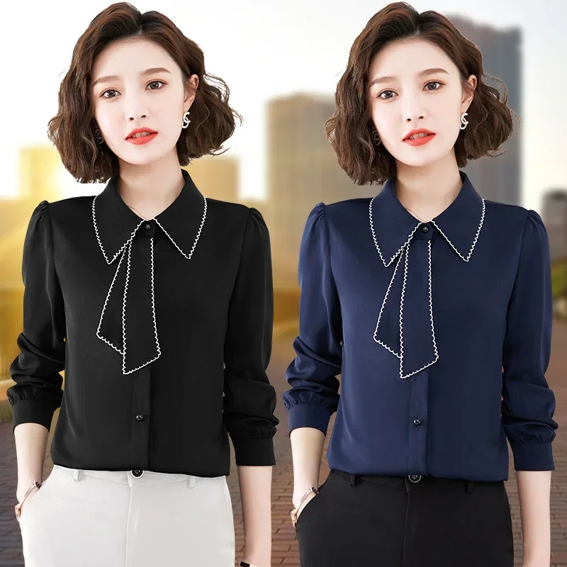 Элегантная шифоновая рубашка с цветным блокирующим воротником Женская