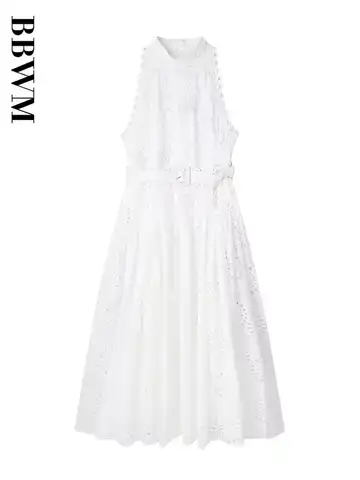 Hollow Embroidery Dress Women Fashion Belt Long Dress Woman Summer Vintage Sleeveless Party Dresses Chic Female 2023 White Dress