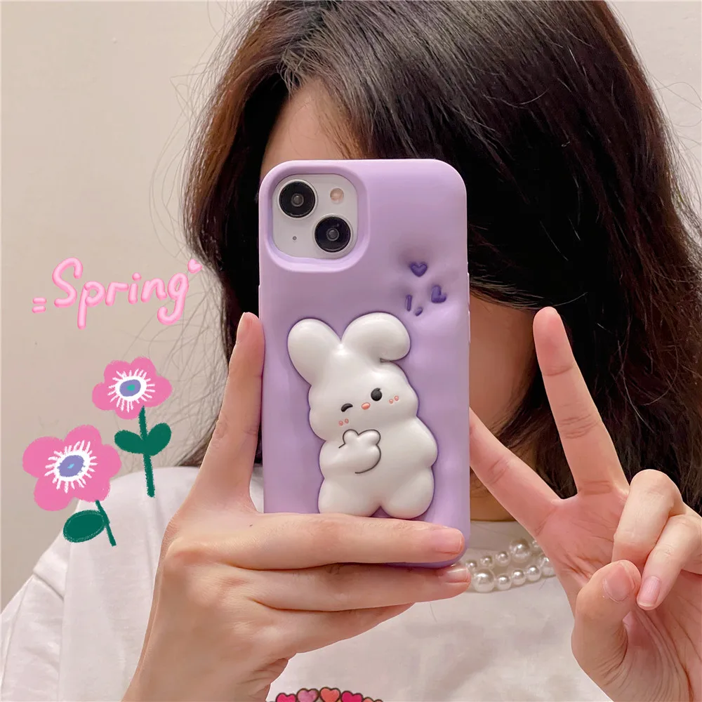 

3D Cute Korea Purple Rabbit Phone Case For iPhone 11 12 ProMax 13 14 14Pro Max Soft Silicone Rubber Relive Stress TPU Cover Capa