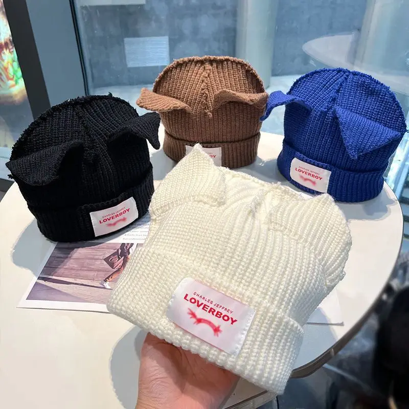 

KPOP AESPA Karina Giselle Cute Cat Ear Shape Woolen Hat LoverBoy LOGO Warm Knitted Hat Fashion INS Couple Decorative Hats 59g