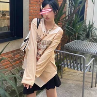 2022 punk irregular millennial y2k hot girl fake two pieces retro print long sleeved off the shoulder design t shirt sweater