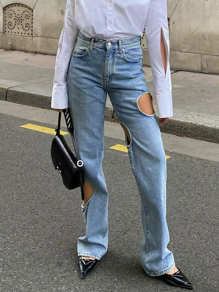 

TTQV Vintage Chic Dark Blue Jeans Woman Autumn Slim Hollow Out Jeans Casual High Waisted Trousers Female Clothing Streetwear