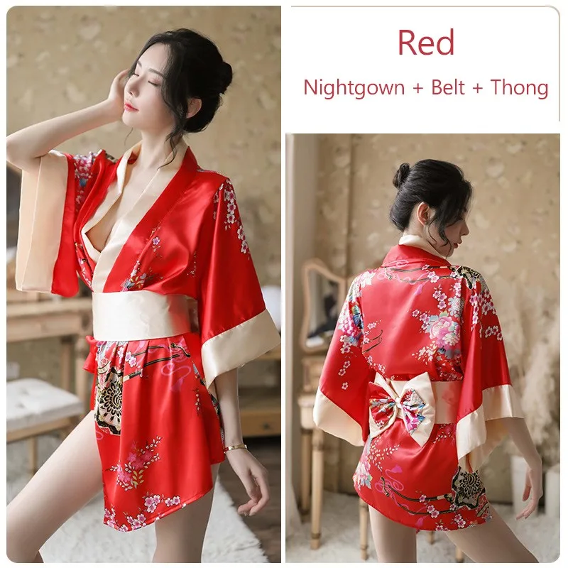 Sexy Lingerie Robe Women Classic Japanese Kimono Sleepwear Silky Satin Print Flower Women's Nightwear Temptation Mini Home Wear