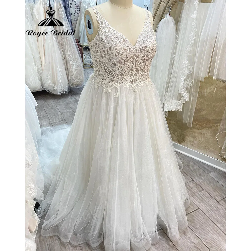 

Vintage Plus Size V Neck Lace Bodice A Line Beadings Wedding Dress for Women 2024 Bridal Gown vestido de casamento Roycebridal
