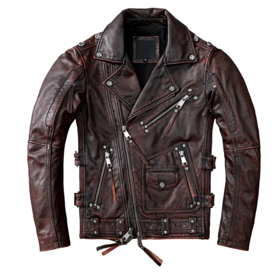 

Vintage Brown Motorcycle Leather Jacket Men Natural Genuine Cowhide Jackets Autumn Slim Fit Biker's Ooblique Zipper Coa