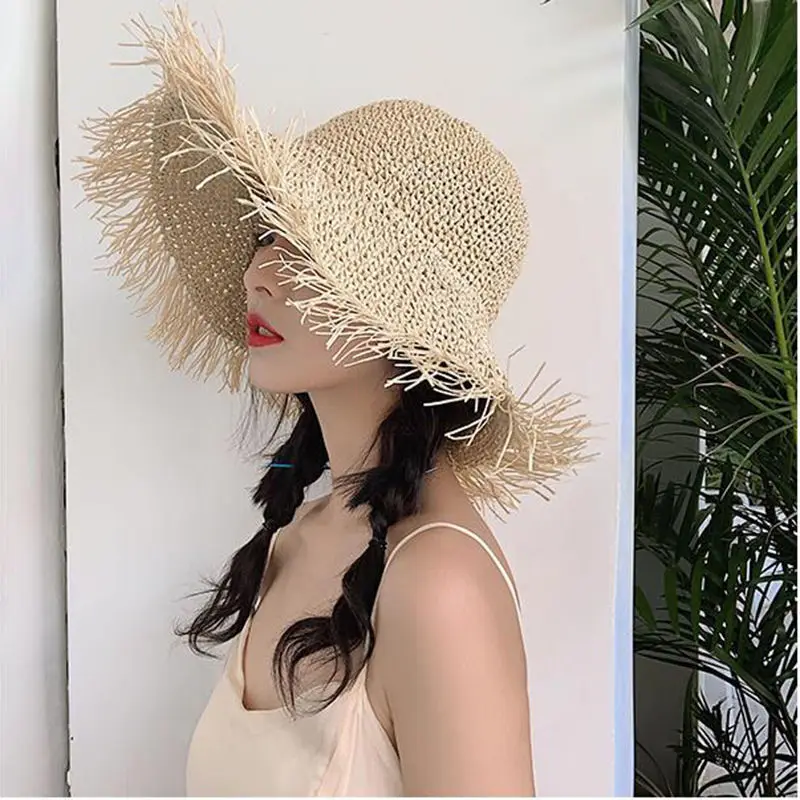 

2022 Foldable Beach Sun Hat Women's Summer Seaside Vacation Sunscreen Raw Edge Large Eaves Crochet Straw Hat Fashion All-match