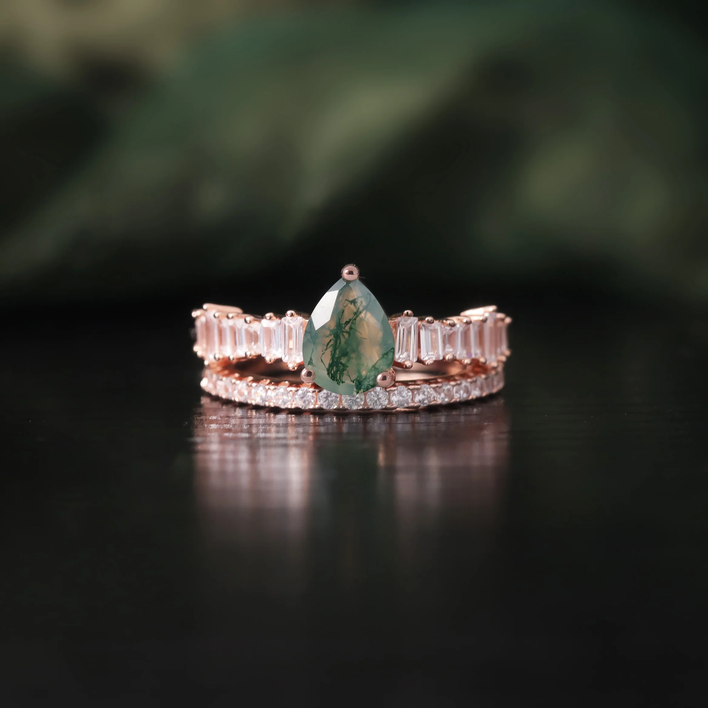 

GEM'S BALLLET Unique Pear Shape Moss Agate Engagement Ring Set 925 Sterling Silver Eternity Band Ring 2pcs Bridal Set